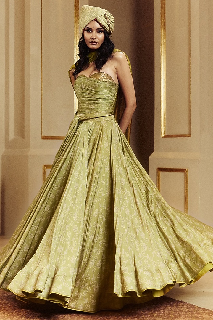 Dry Heena Green Satin Silk Skirt Set by Punit Balana at Pernia's Pop Up Shop