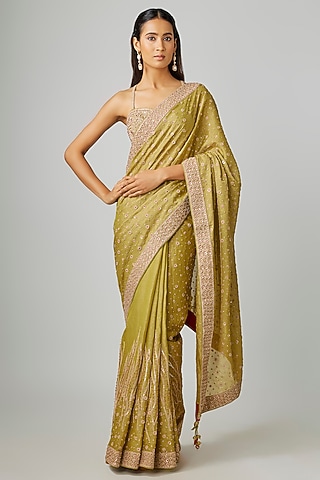 Dry Heena Green Banarasi Tissue Silk Marodi Work Saree Set by Punit Balana