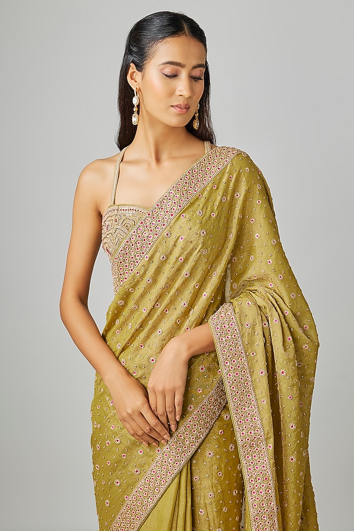 Dry Heena Green Banarasi Tissue Silk Marodi Work Bridal Saree Set by Punit Balana at Pernia's Pop Up Shop