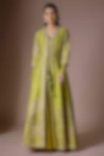 Dry Henna Green Raw Silk Mirror Work Bridal Anarkali Set by Punit Balana at Pernia's Pop Up Shop