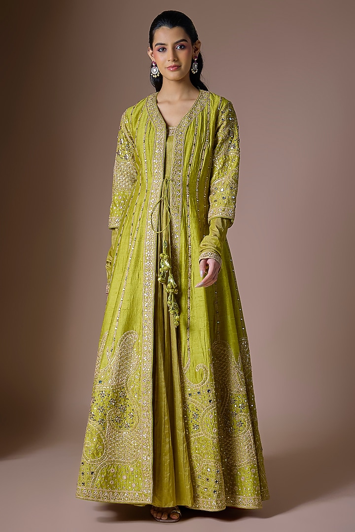 Dry Henna Green Raw Silk Mirror Work Bridal Anarkali Set by Punit Balana at Pernia's Pop Up Shop
