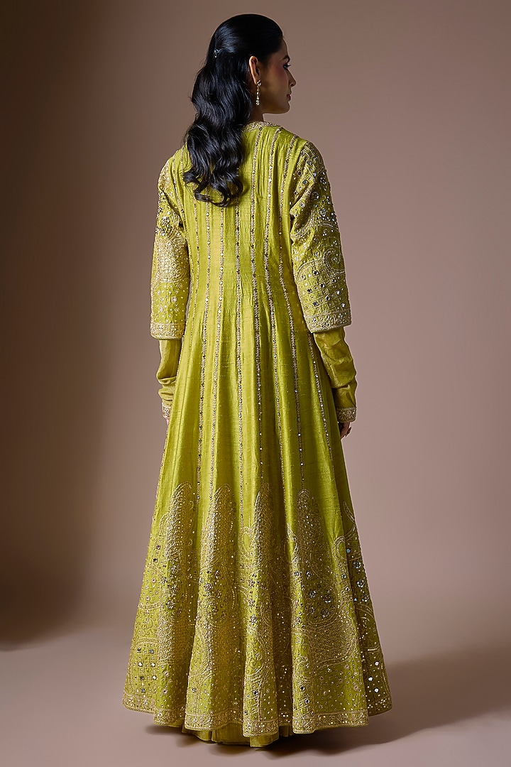 Dry Henna Green Raw Silk Mirror Work Bridal Anarkali Set by Punit Balana at Pernia's Pop Up Shop