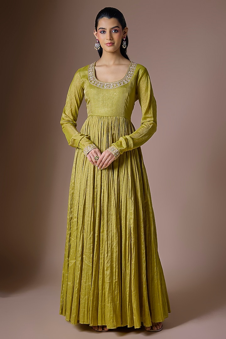 Dry Henna Green Raw Silk Mirror Work Bridal Anarkali Set by Punit Balana at Pernia's Pop Up Shop