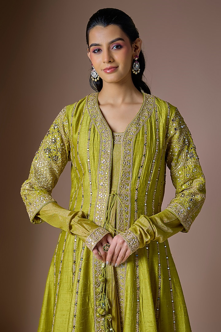 Dry Henna Green Raw Silk Mirror Work Bridal Anarkali Set by Punit Balana at Pernia's Pop Up Shop