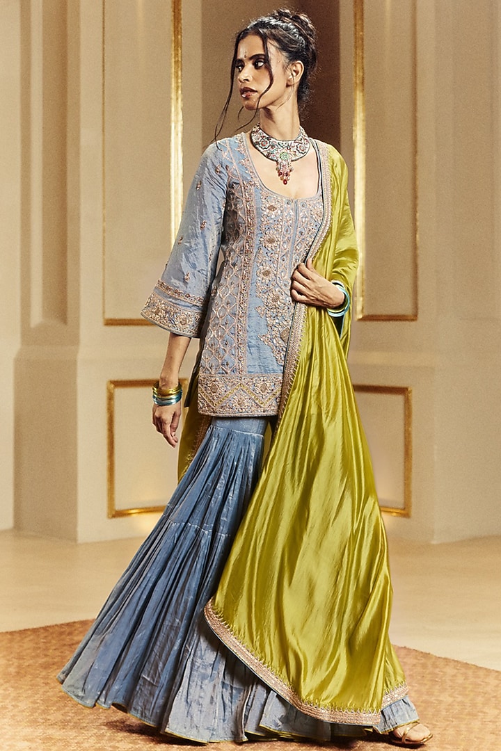 Saleti Grey Tissue Silk Gharara Set by Punit Balana at Pernia's Pop Up Shop