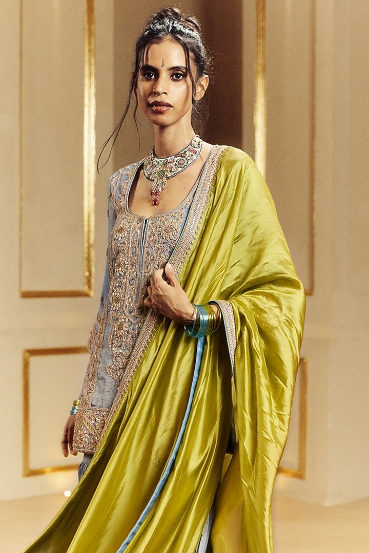 Saleti Grey Tissue Silk Gharara Set by Punit Balana at Pernia's Pop Up Shop
