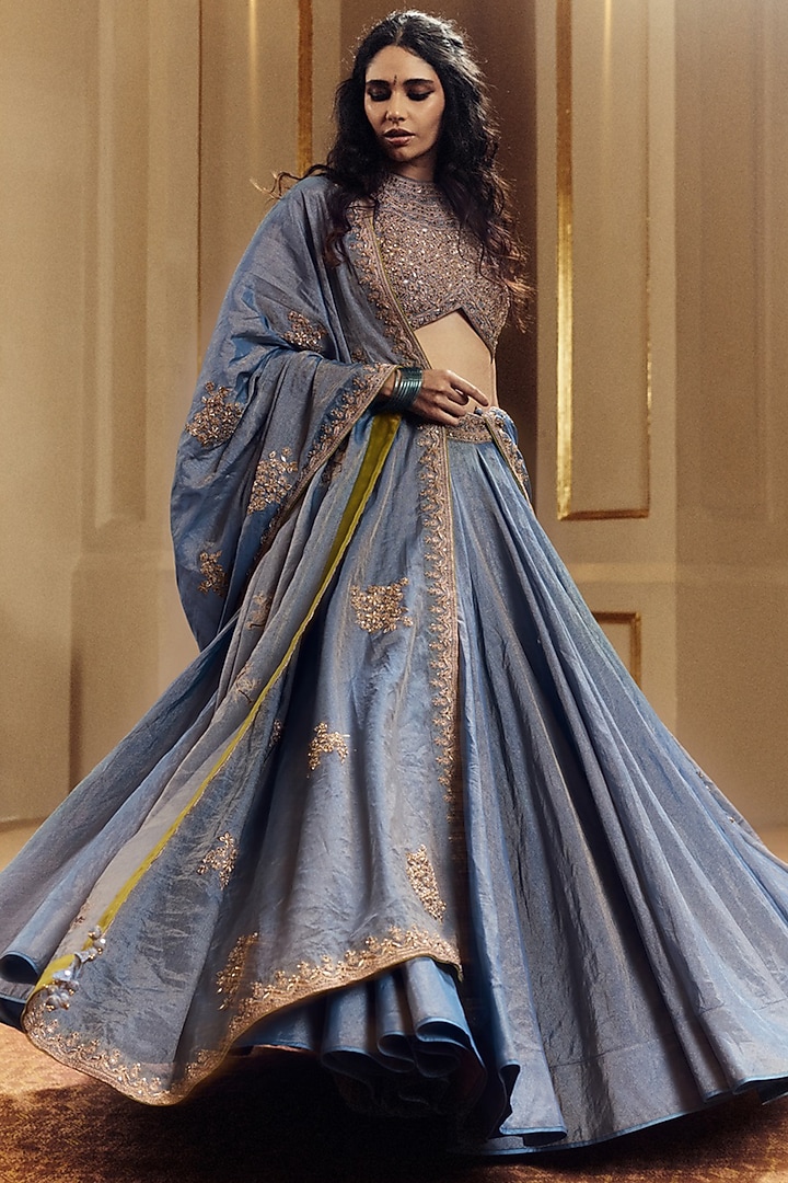 Saleti Grey Tissue Silk Marodi Embroidered Wedding Lehenga Set by Punit Balana at Pernia's Pop Up Shop