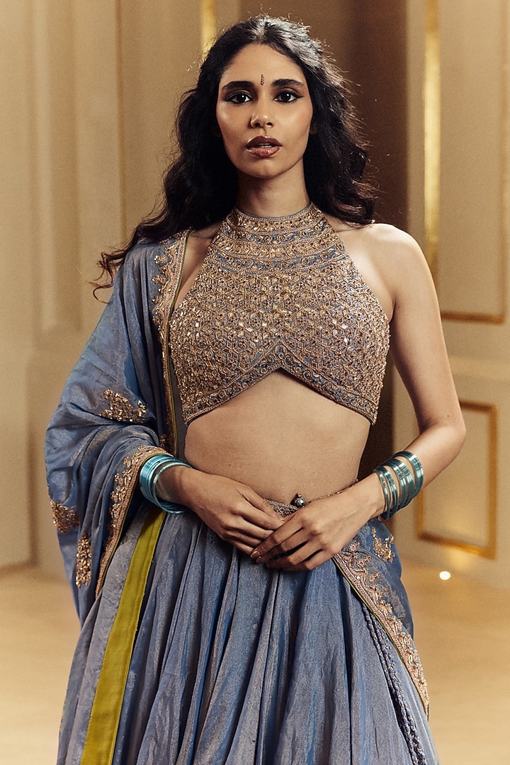 Saleti Grey Tissue Silk Marodi Embroidered Wedding Lehenga Set by Punit Balana at Pernia's Pop Up Shop