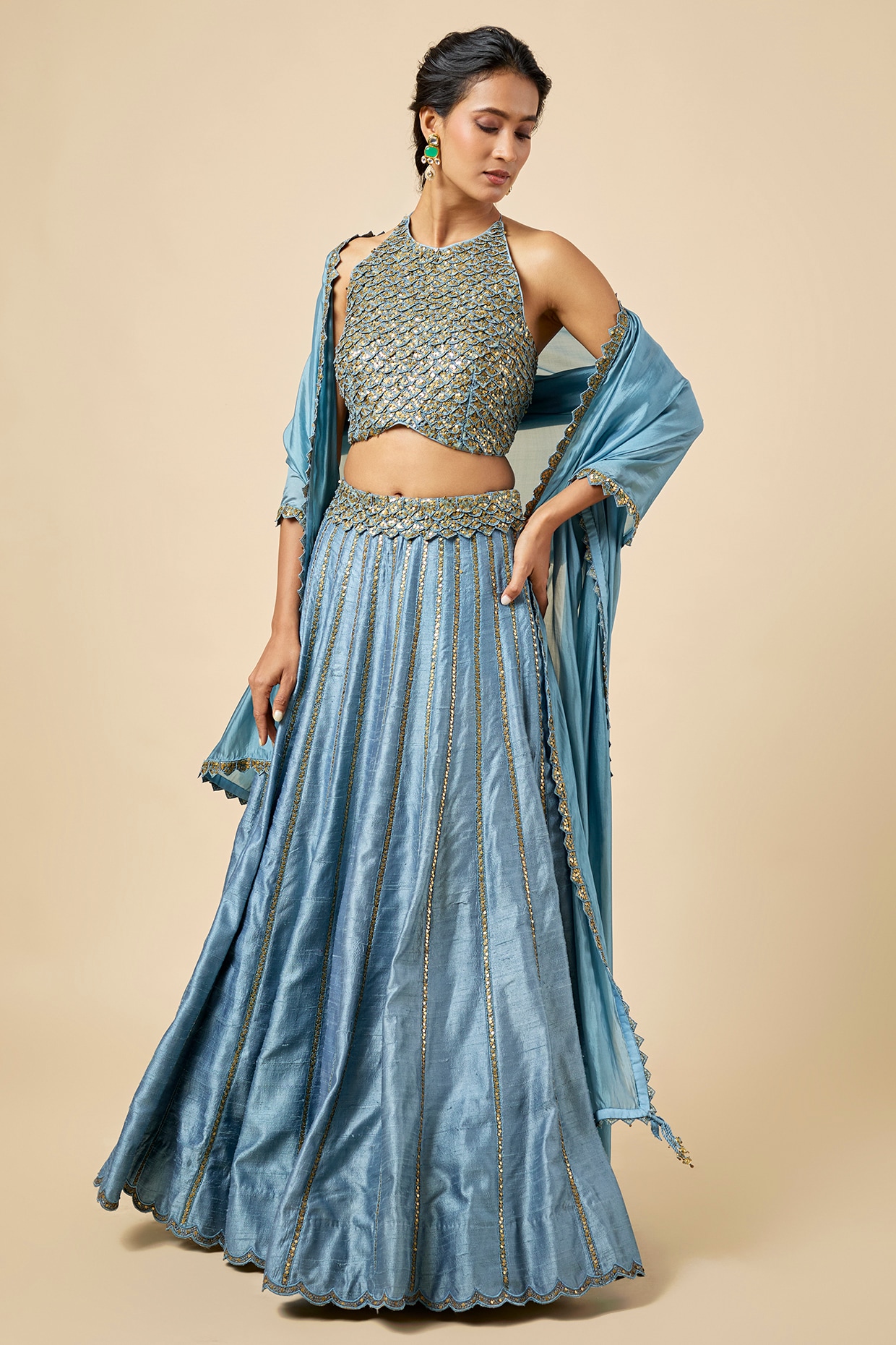 Punit Balana Saleti Blue Raw Silk Lehenga Set