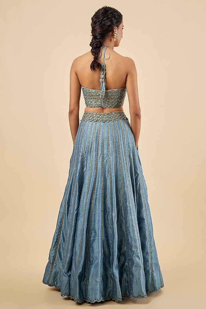 Saleti Blue Raw Silk Wedding Lehenga Set by Punit Balana at Pernia's Pop Up Shop