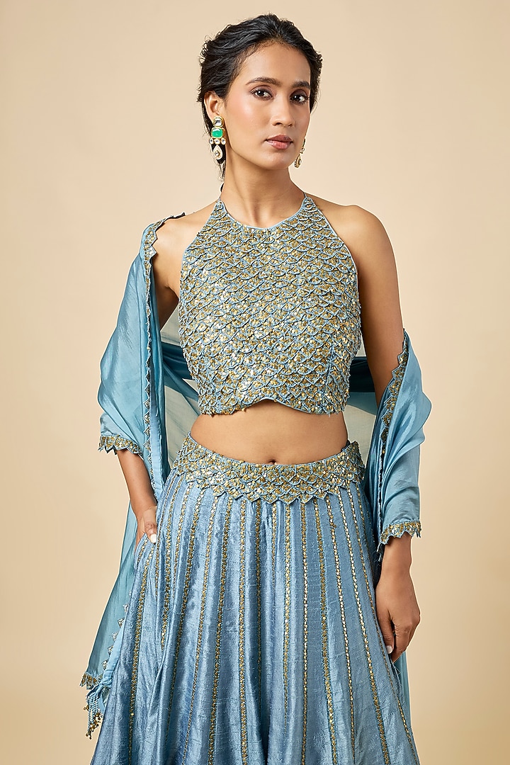 Saleti Blue Raw Silk Wedding Lehenga Set by Punit Balana at Pernia's Pop Up Shop
