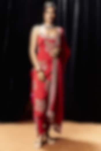 Surkh Laal Satin Silk Floral Boota Printed Kurta Set by Punit Balana at Pernia's Pop Up Shop