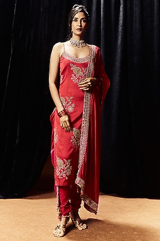 Surkh Laal Satin Silk Floral Boota Printed Kurta Set by Punit Balana