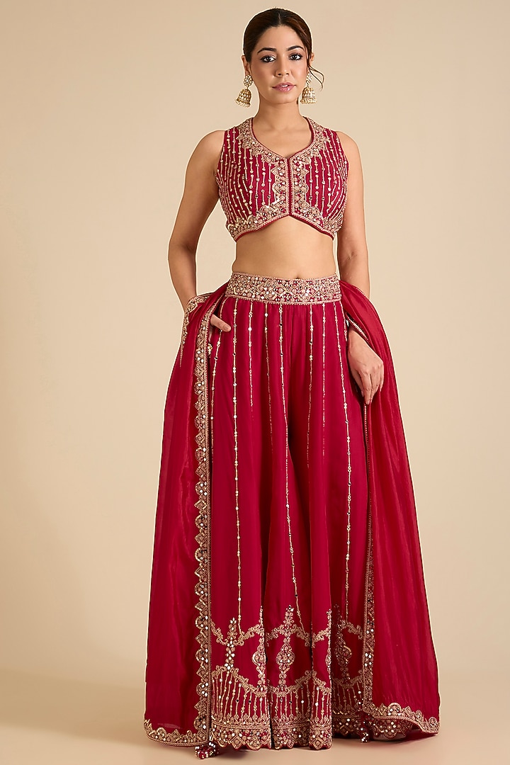 Red Silk Banarasi Mirror & Marodi Work Gharara Set by Punit Balana at Pernia's Pop Up Shop
