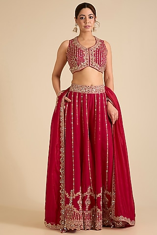 Red Silk Banarasi Mirror & Marodi Work Gharara Set by Punit Balana