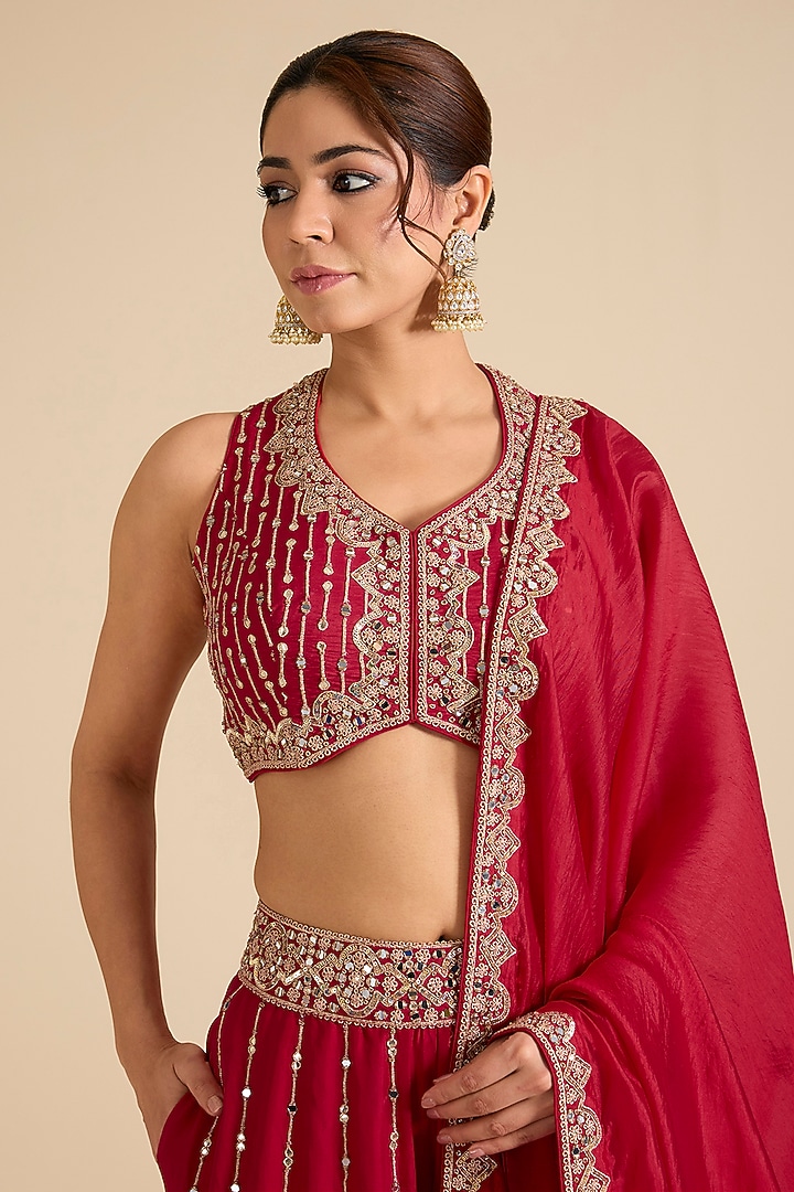 Red Silk Banarasi Mirror & Marodi Work Gharara Set by Punit Balana at Pernia's Pop Up Shop