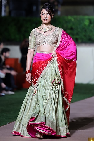 Heena Green Chanderi Silk Applique Embroidered Lehenga Set by Punit Balana