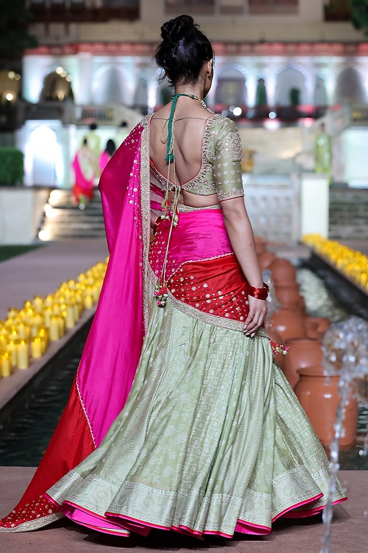 Heena Green Chanderi Silk Applique Embroidered Wedding Lehenga Set by Punit Balana at Pernia's Pop Up Shop