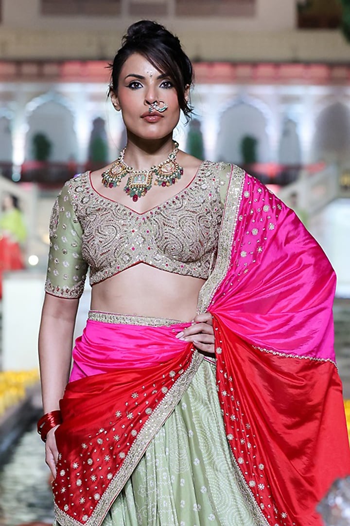 Heena Green Chanderi Silk Applique Embroidered Wedding Lehenga Set by Punit Balana at Pernia's Pop Up Shop