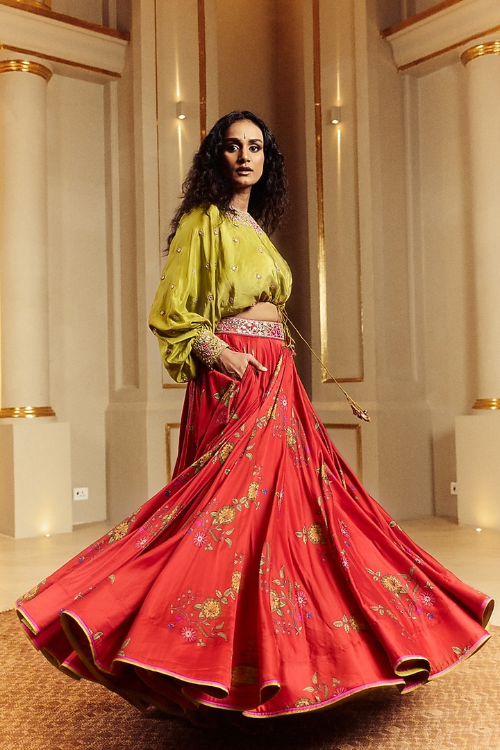 Surkh Laal Chanderi Silk Gota Embroidered Skirt Set by Punit Balana at Pernia's Pop Up Shop