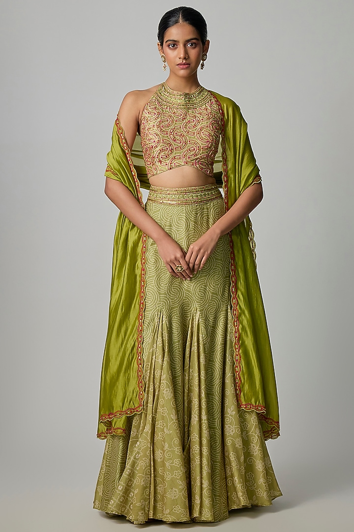 Green Chanderi Silk Printed & Embroidered Skirt Set by Punit Balana at Pernia's Pop Up Shop