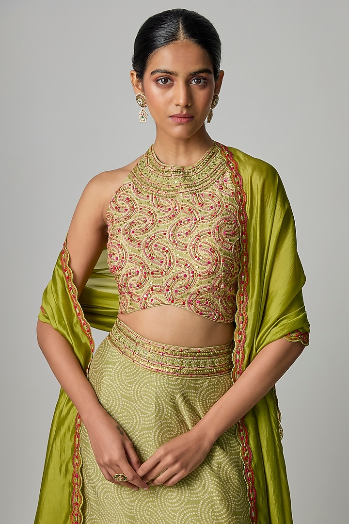 Green Chanderi Silk Printed & Embroidered Skirt Set by Punit Balana at Pernia's Pop Up Shop