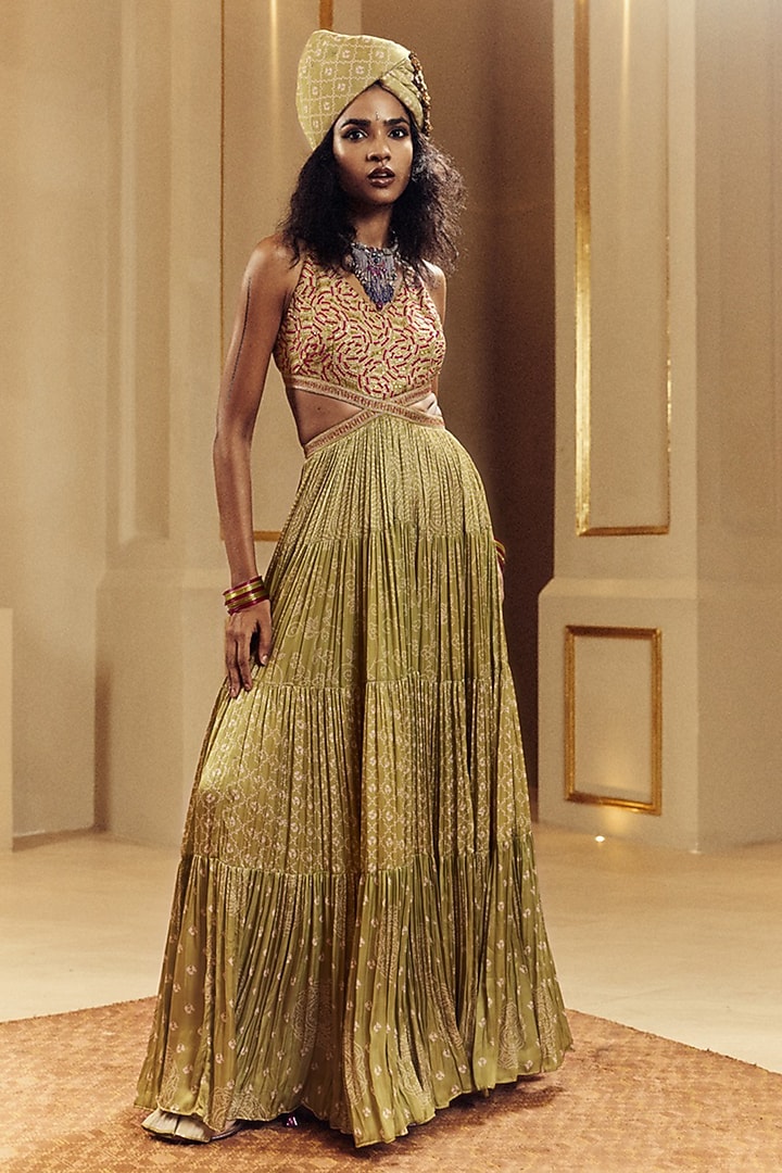 Heena Green Satin Silk Printed & Coin Work Cocktail Dress by Punit Balana at Pernia's Pop Up Shop