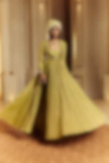 Heena Green Crushed Silk Wedding Anarkali With Tilla Work Koti by Punit Balana at Pernia's Pop Up Shop