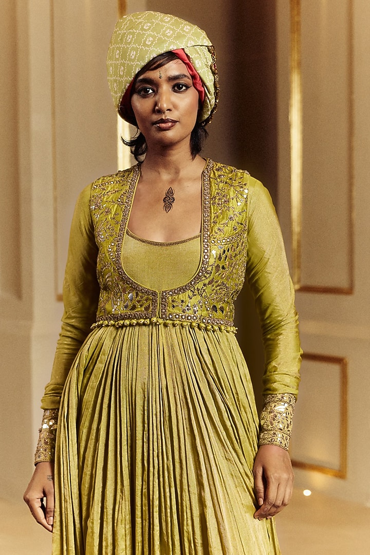 Heena Green Crushed Silk Wedding Anarkali With Tilla Work Koti by Punit Balana at Pernia's Pop Up Shop