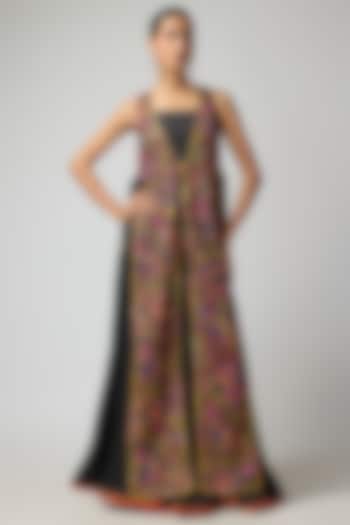 Black Satin Silk Printed & Embroidered Jacket Set by Punit Balana at Pernia's Pop Up Shop