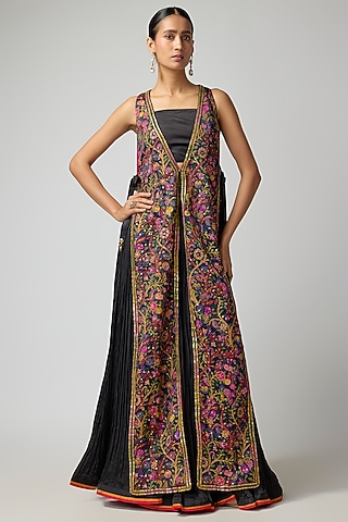 Black Satin Silk Printed & Embroidered Jacket Set by Punit Balana