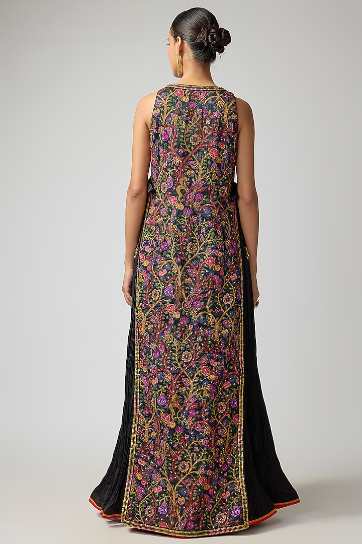 Black Satin Silk Printed & Embroidered Jacket Set by Punit Balana at Pernia's Pop Up Shop