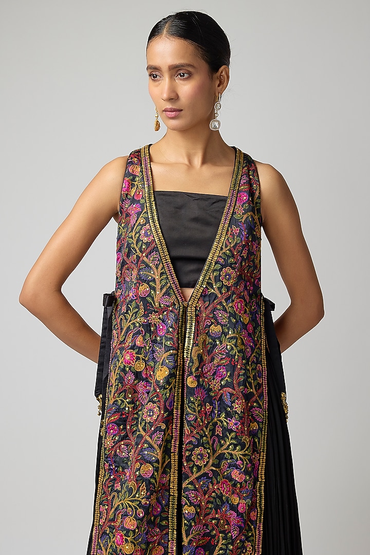 Black Satin Silk Printed & Embroidered Jacket Set by Punit Balana at Pernia's Pop Up Shop
