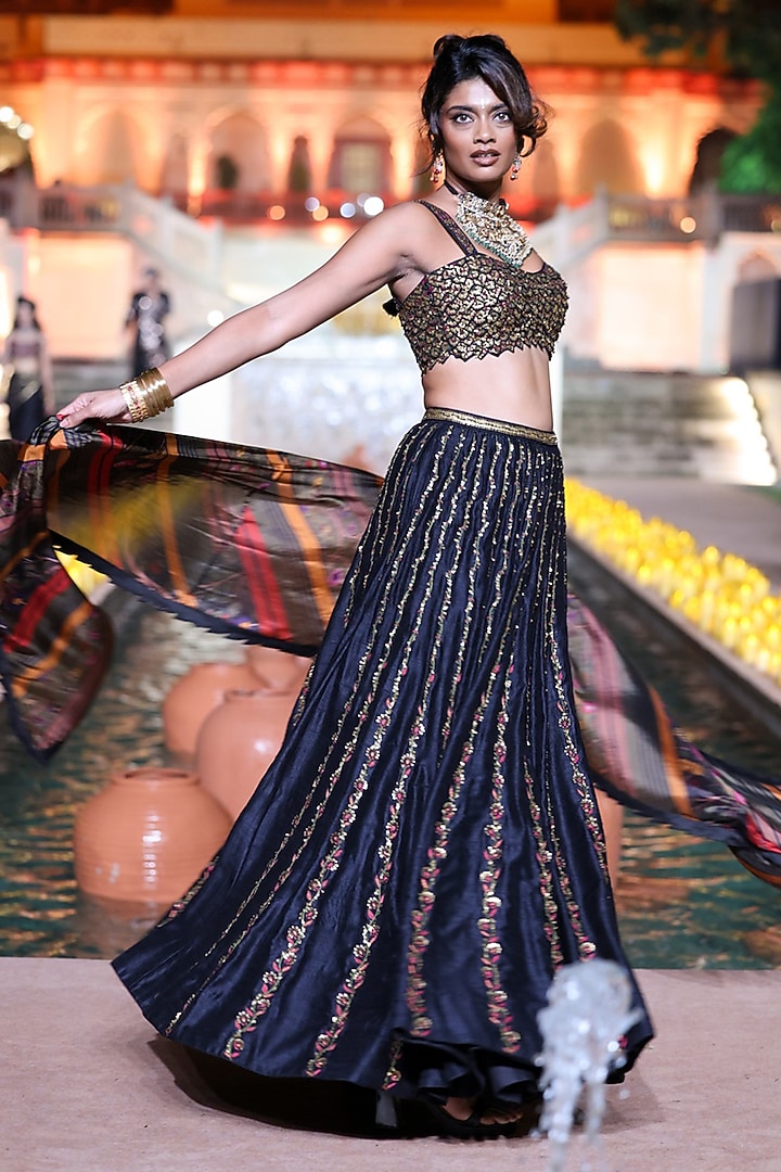 Black Raw Silk Resham Work Wedding Lehenga Set by Punit Balana at Pernia's Pop Up Shop