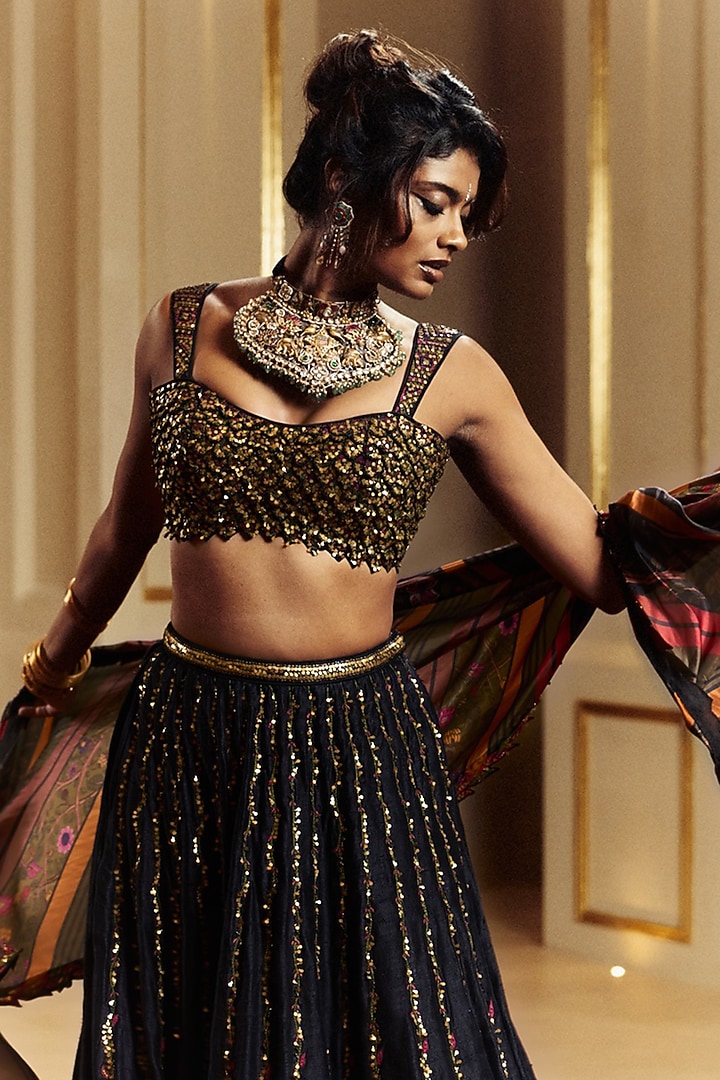 Black Raw Silk Resham Work Wedding Lehenga Set by Punit Balana at Pernia's Pop Up Shop