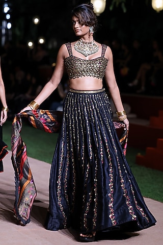 Black Raw Silk Resham Work Lehenga Set by Punit Balana