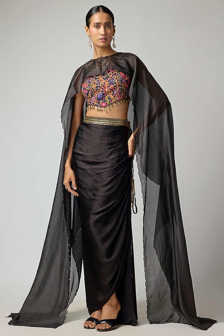 Black Satin Silk Cape Set by Punit Balana at Pernia's Pop Up Shop