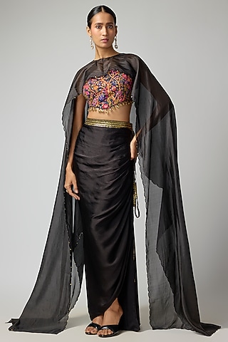 Black Satin Silk Cape Set by Punit Balana