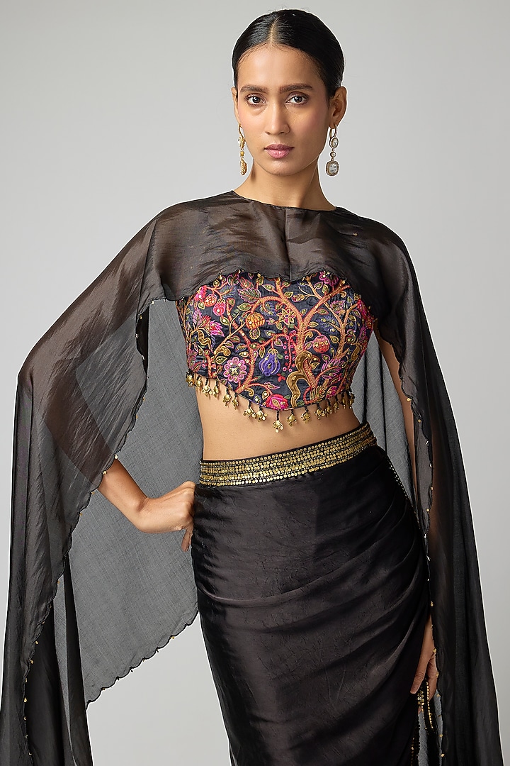 Black Satin Silk Cape Set by Punit Balana at Pernia's Pop Up Shop