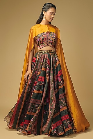 Black & Sarso Organza Printed Lehenga Set by Punit Balana