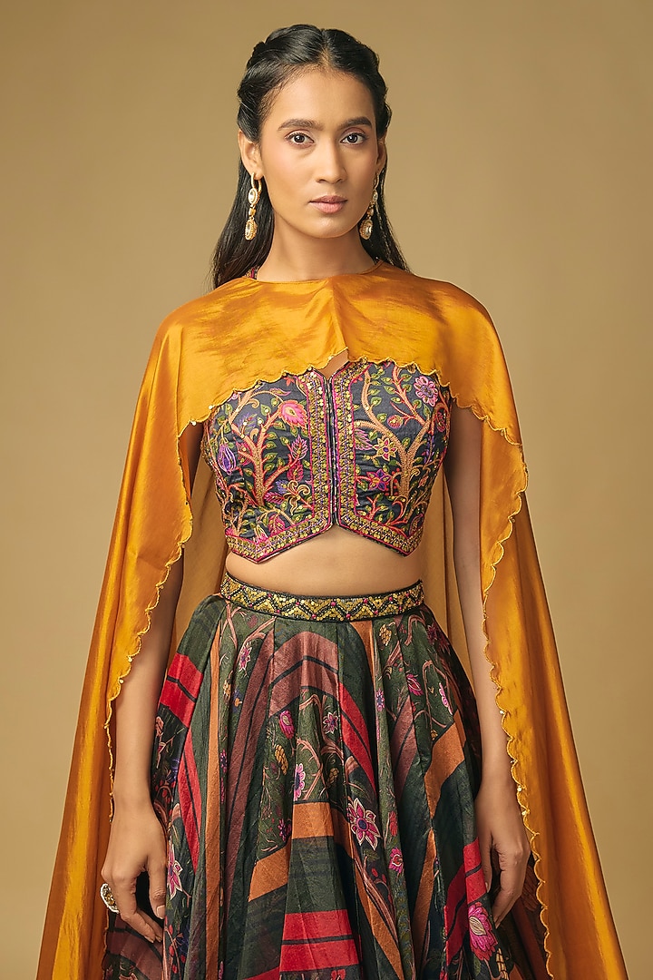 Black & Sarso Organza Printed Wedding Lehenga Set by Punit Balana at Pernia's Pop Up Shop