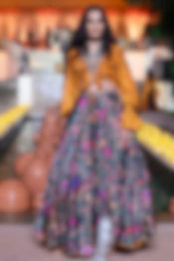 Black Satin Silk Printed Skirt Set by Punit Balana at Pernia's Pop Up Shop