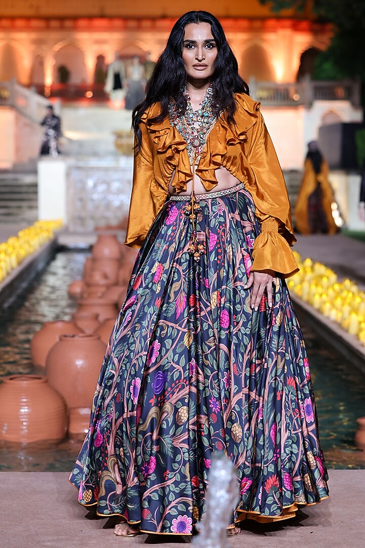 Black Satin Silk Printed Skirt Set by Punit Balana at Pernia's Pop Up Shop