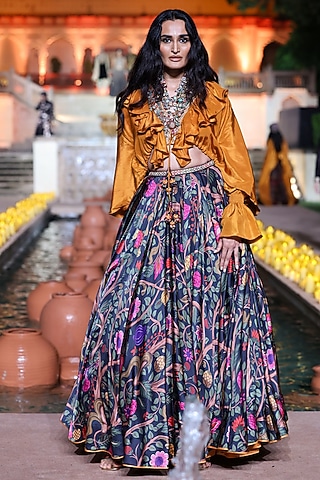 Black Satin Silk Printed Skirt Set by Punit Balana
