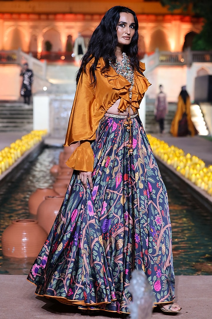 Black Satin Silk Printed Skirt Set by Punit Balana at Pernia's Pop Up Shop