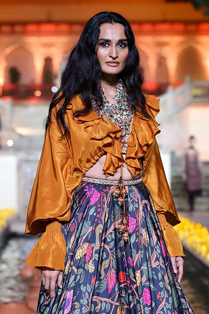 Black Satin Silk Printed Skirt Set by Punit Balana at Pernia's Pop Up Shop