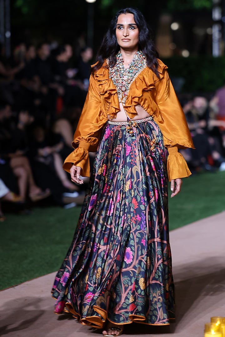 Black Satin Silk Printed Skirt Set by Punit Balana at Pernia's Pop Up Shop