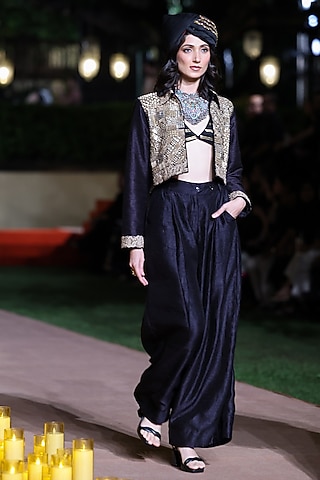 Black Raw Silk Resham Embroidered Crop Jacket Set by Punit Balana