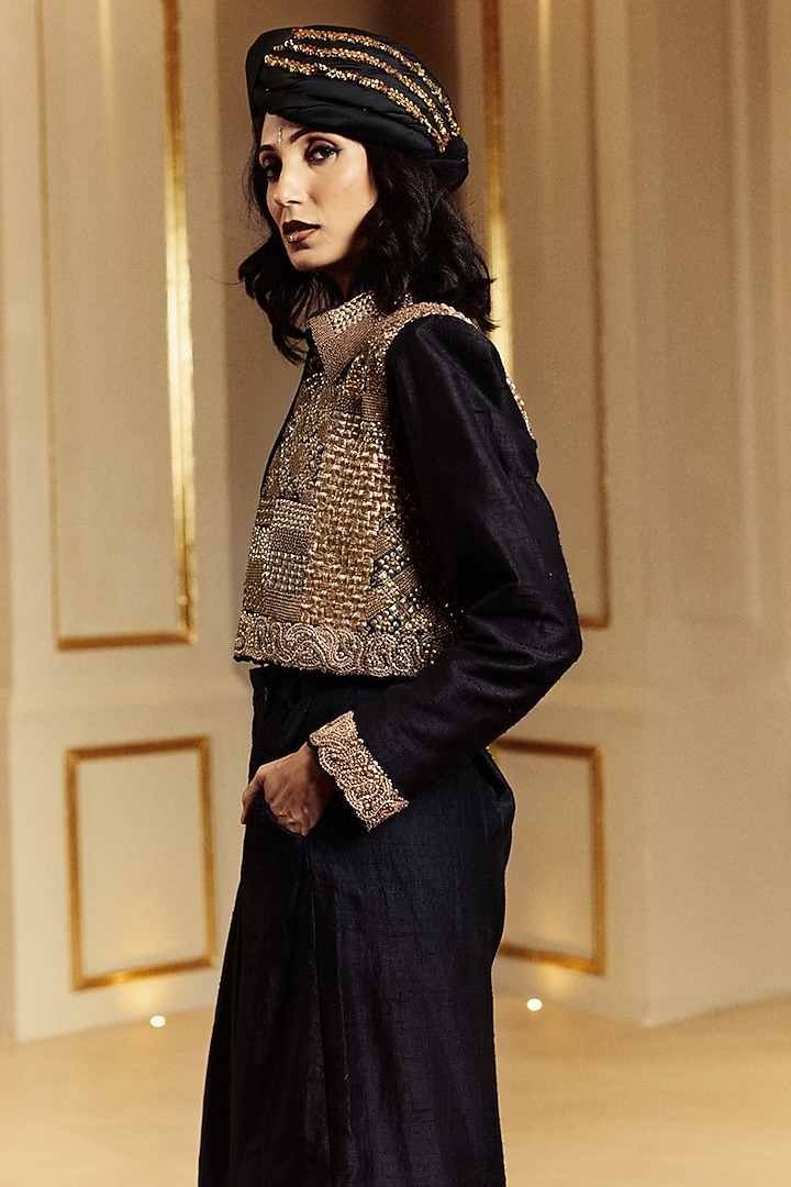 Black Raw Silk Resham Embroidered Crop Jacket Set by Punit Balana at Pernia's Pop Up Shop