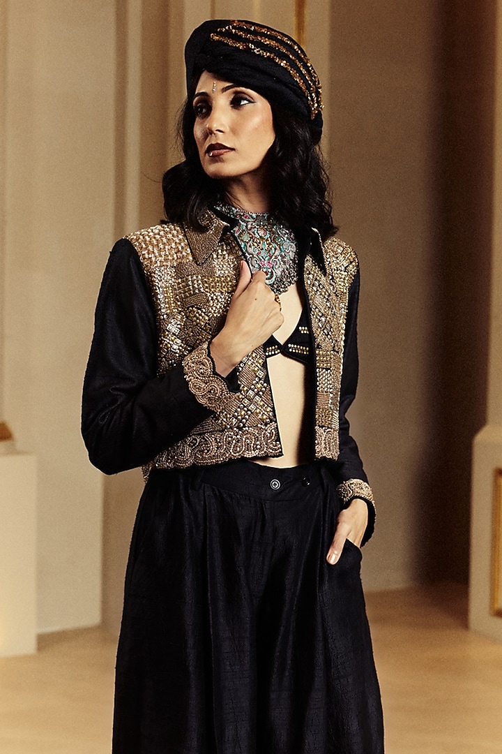 Black Raw Silk Resham Embroidered Crop Jacket Set by Punit Balana at Pernia's Pop Up Shop